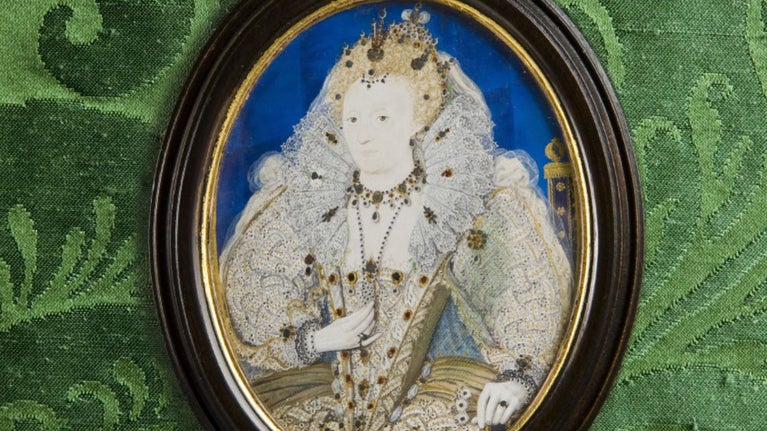 Portrait miniature, oil on vellum, Queen Elizabeth I by Nicholas Hilliard
